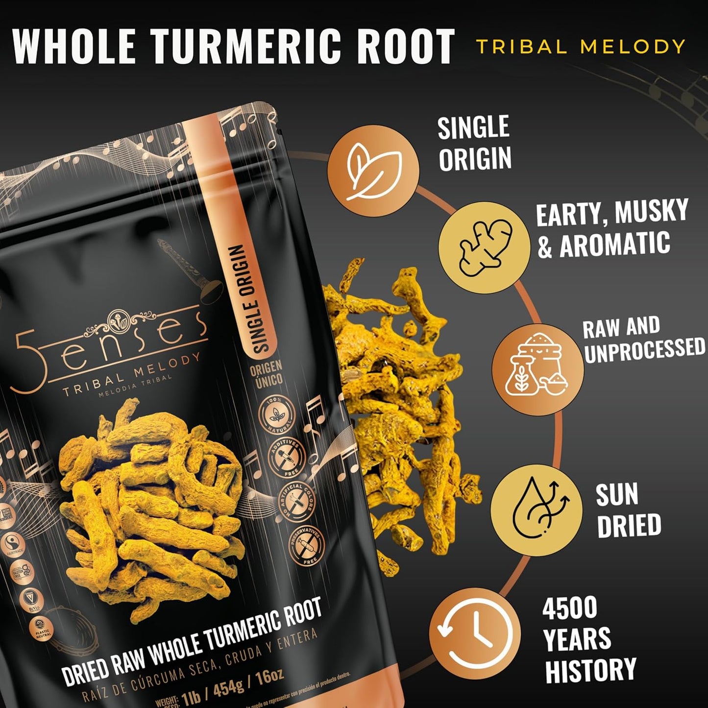 5Senses Dried Whole Turmeric Root, Single Origin, Sun Dried, 100g, 3.5oz | Premium Single Origin Dried Whole Turmeric Root With Rich Aroma And Bold Flavor For Tea, Cooking, Curries And Spice Blends.