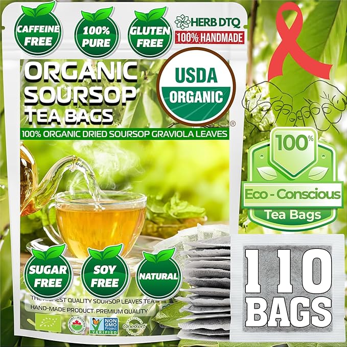 Organic Soursop Leaf Tea Bags - USDA Certified, 100% ORGANIC and Pure from Soursop Leaves, Non-GMO, Sugar/Caffeine/Gluten Free, Eco-Conscious Corn Fiber - Graviola Tea Bags.Hojas De Guanabana Tea (110 teabags)