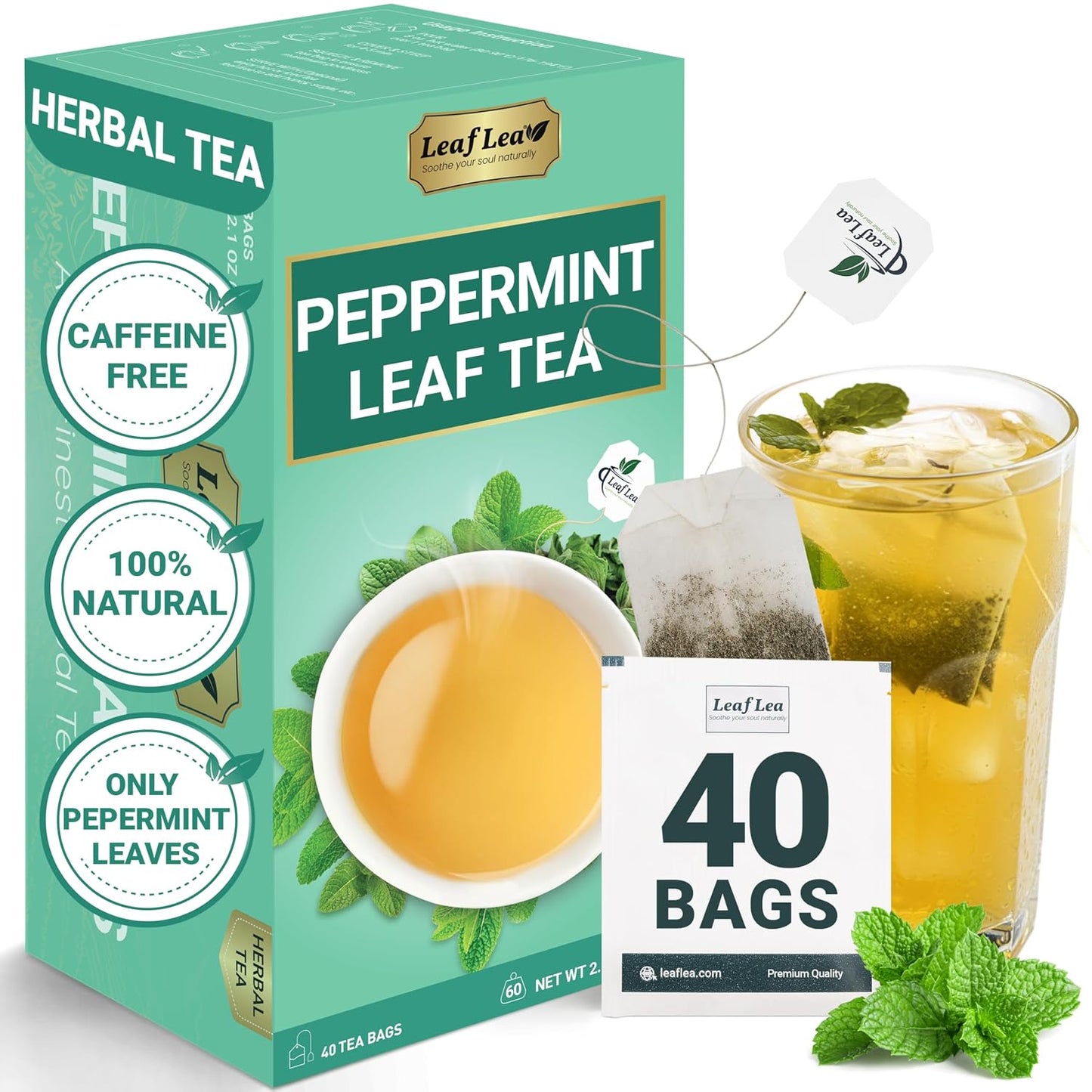 LeafLea Peppermint Tea Bags, Pure Single-Ingredient Mint Tea, 40 Count | Just Real Peppermint Leaves, Cool Refreshing Taste, Te De Menta, Caffeine-Free, Vegan, Individually Foil-Wrapped