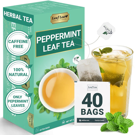 LeafLea Peppermint Tea Bags, Pure Single-Ingredient Mint Tea, 40 Count | Just Real Peppermint Leaves, Cool Refreshing Taste, Te De Menta, Caffeine-Free, Vegan, Individually Foil-Wrapped