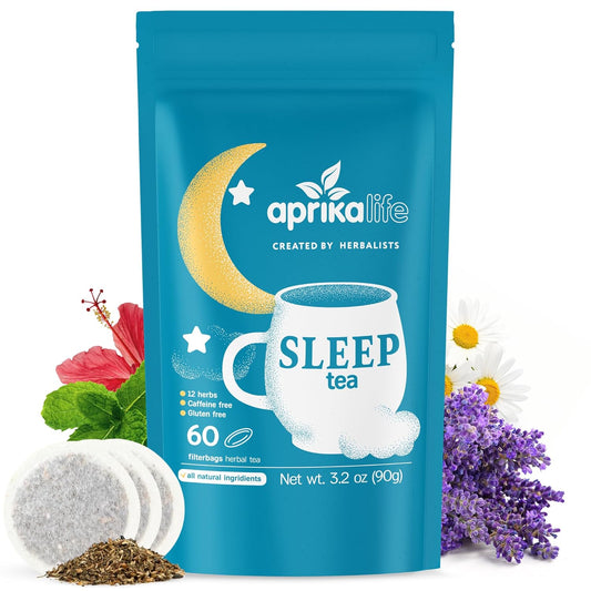 Aprika Life Sleep Tea for Bedtime Relaxation &amp; Stress Relief – Natural Caffeine-Free Herbal Nighttime Tea with Chamomile, Lavender, Mint &amp; Hibiscus – No Melatonin Sleep Aid – Relaxing Tea Bags 60 Pack