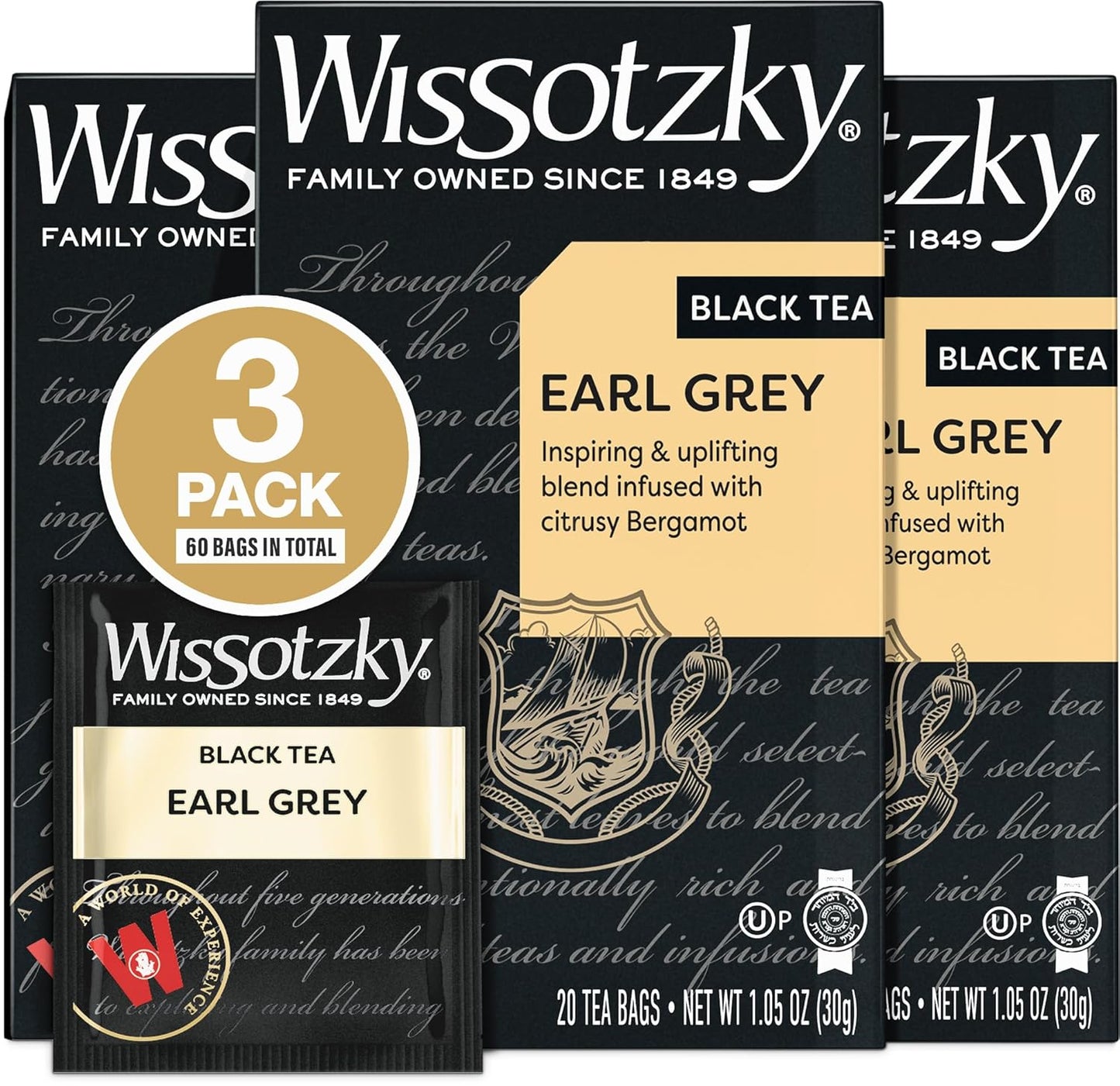 Wissotzky Earl Grey Black Tea, 3 Pack - 60 Tea Bags | Fragrant & Aromatic Tea | Antioxidant Rich | Uplifting Black Tea Bags