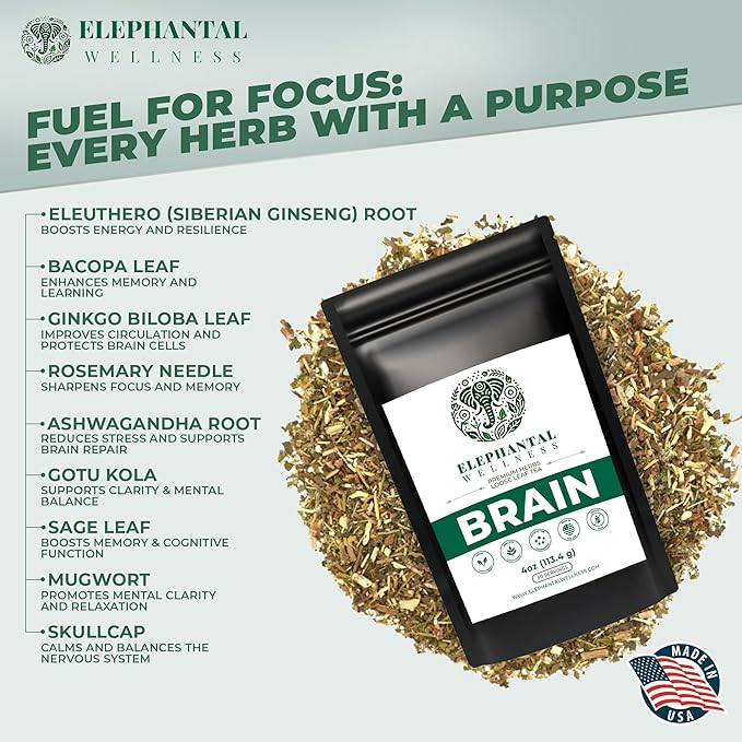 Elephantal Premium Herbal Tea – Ginkgo, Bacopa, Ashwagandha & Gotu Kola Blend, Handmade