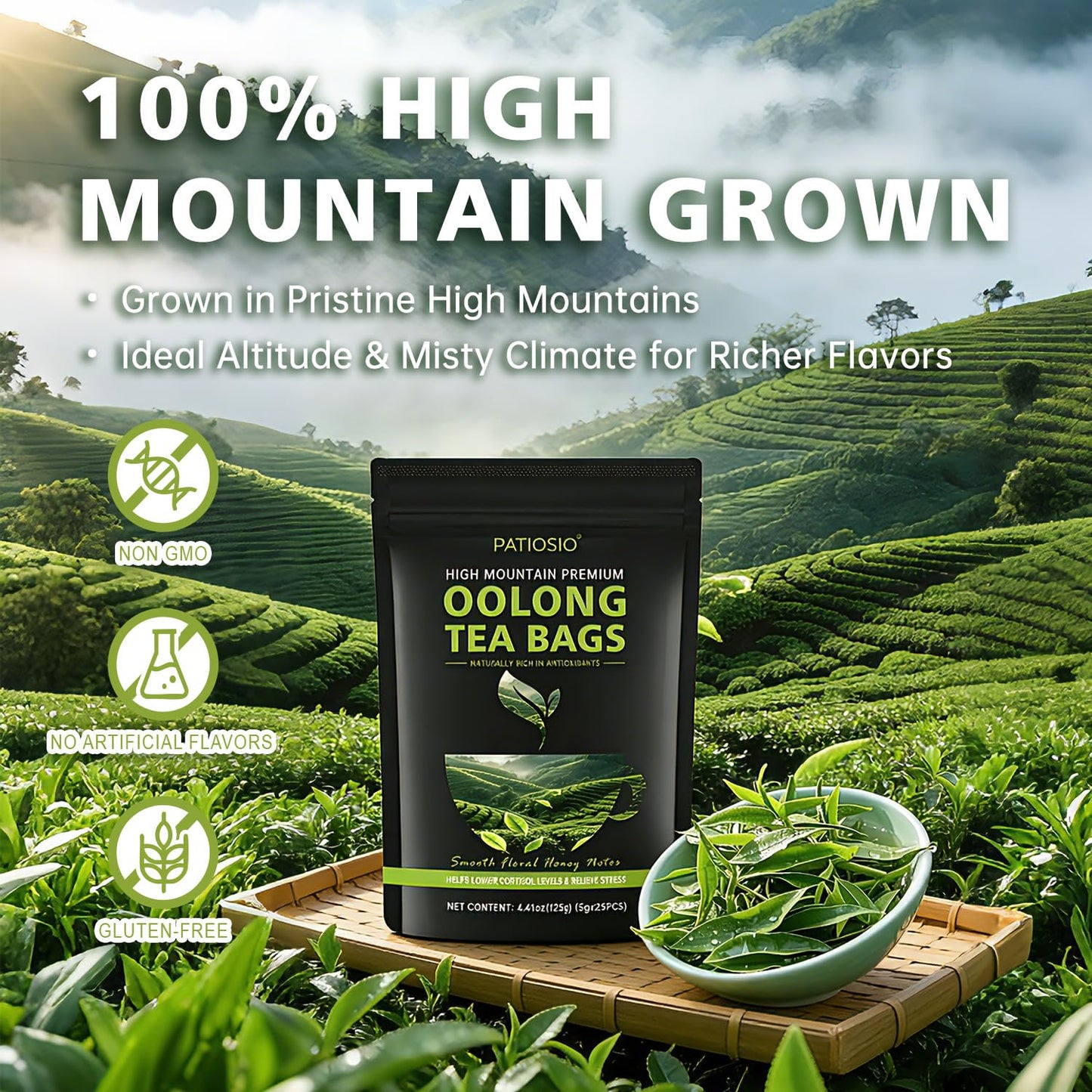 Oolong Tea Bags – Yunnan High-Mountain Oolong Whole Leaf Tea Bags, 25 Bags (5g Each) – Premium Loose Leaf Oolong Tea - Helps Lower Cortisol Levels & Relieve Stress –Smooth Aroma, Non-GMO