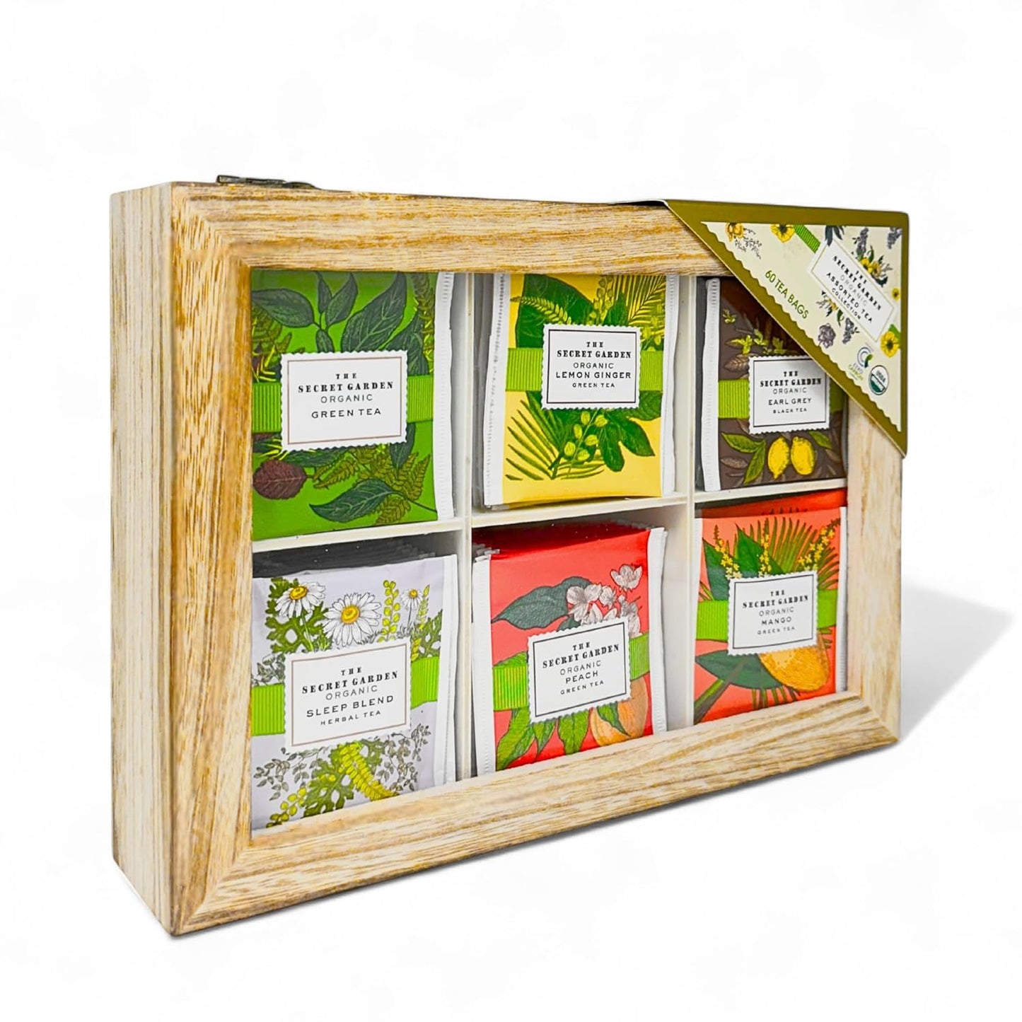 Premium Organic Wooden Tea Sampler Gift Box With 6 Flavors Made With Real Ingredients, Non-GMO and Dye Free, Includes Green Tea, Peach, Mango, Earl Grey, Sleep Blend, Lemon Ginger (60 Bags)