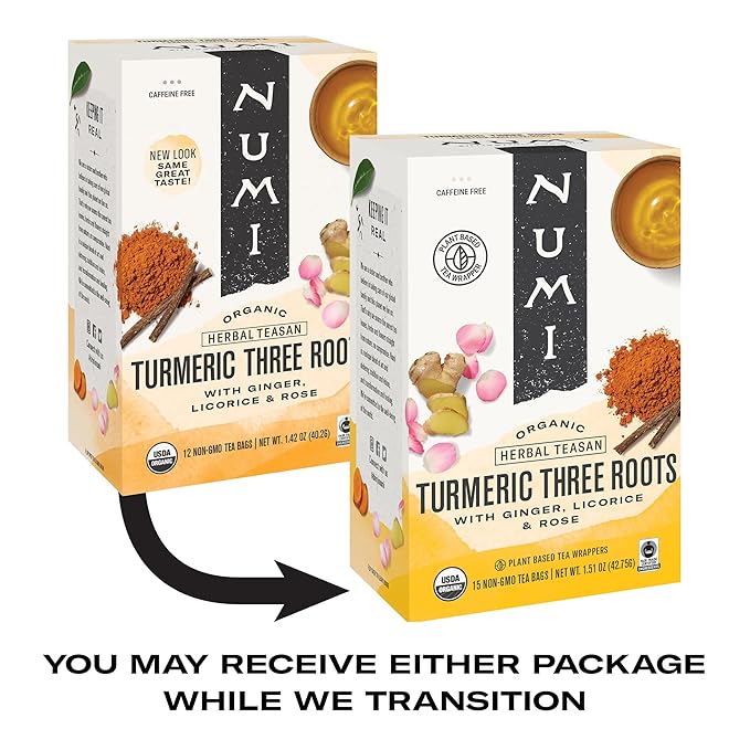 Numi Organic Tea Three Roots, 12 Count Box of Tea Bags (Pack of 3) Turmeric Tea