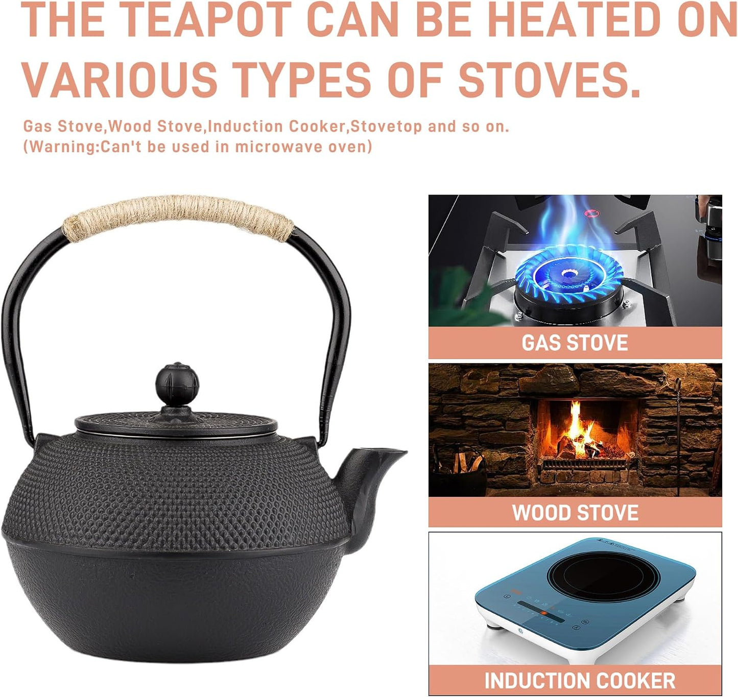40oz Cast Iron Tea Kettle for Stovetop, Black Teapot with Infuser | Tea Pot with Strainer for Loose Tea, Small and Heavy, Japanese Tetsubin, Enameled Interior, Suitable for Induction Cooker