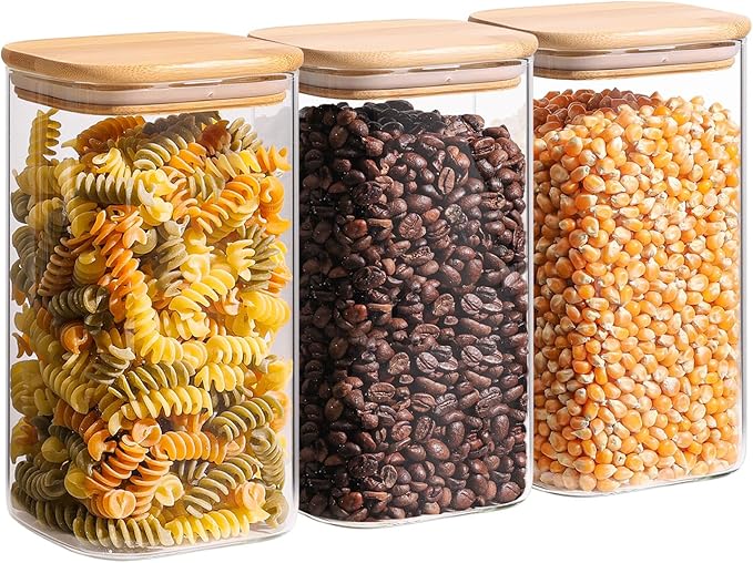 ComSaf 1.4 Qt Glass Storage Containers with Lids, Glass Jars with Lids, Clear Food Storage Jar, Square Canister Set of 3