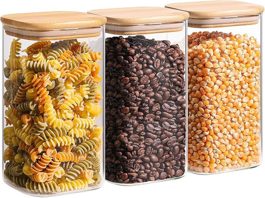 ComSaf 1.4 Qt Glass Storage Containers with Lids, Glass Jars with Lids, Clear Food Storage Jar, Square Canister Set of 3