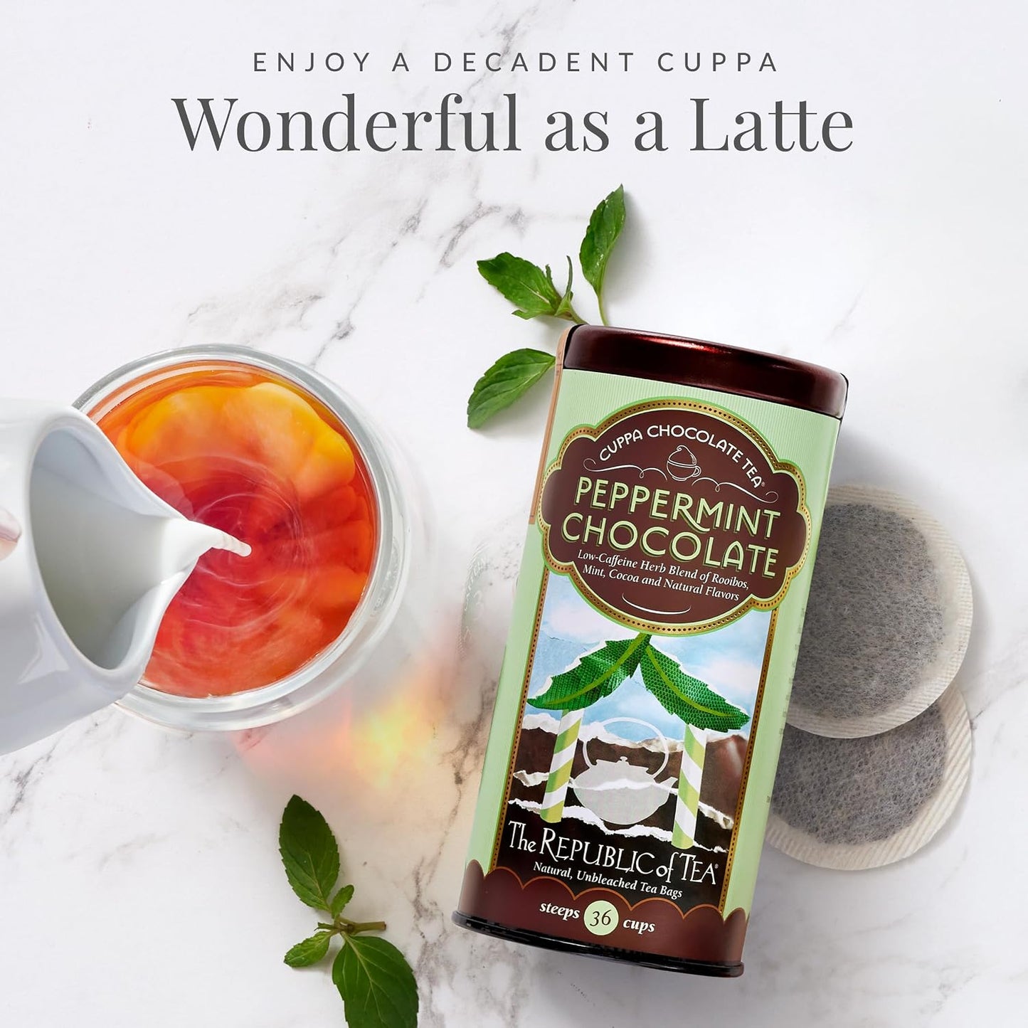 The Republic of Tea Cuppa Chocolate Peppermint Herbal Tea, 36 Count | Low Caffeine. A gentle cup for everyday sipping. Mellow rooibos with a cool finish and notes of cocoa.