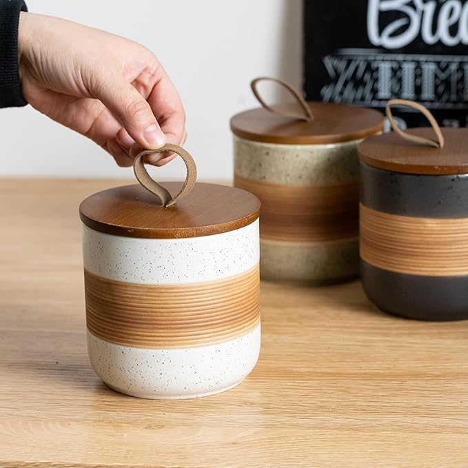 Small Ceramic Jar with Lid, Coffee Container Canister Kitchen Food Storage Jars for Spice Sugar Tea Bag, Stackable Decorative Jars for Countertop