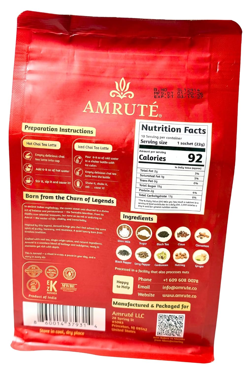 Amruté Masala Chai Tea Latte – 10 Single Serves, Instant Chai Drink Mix