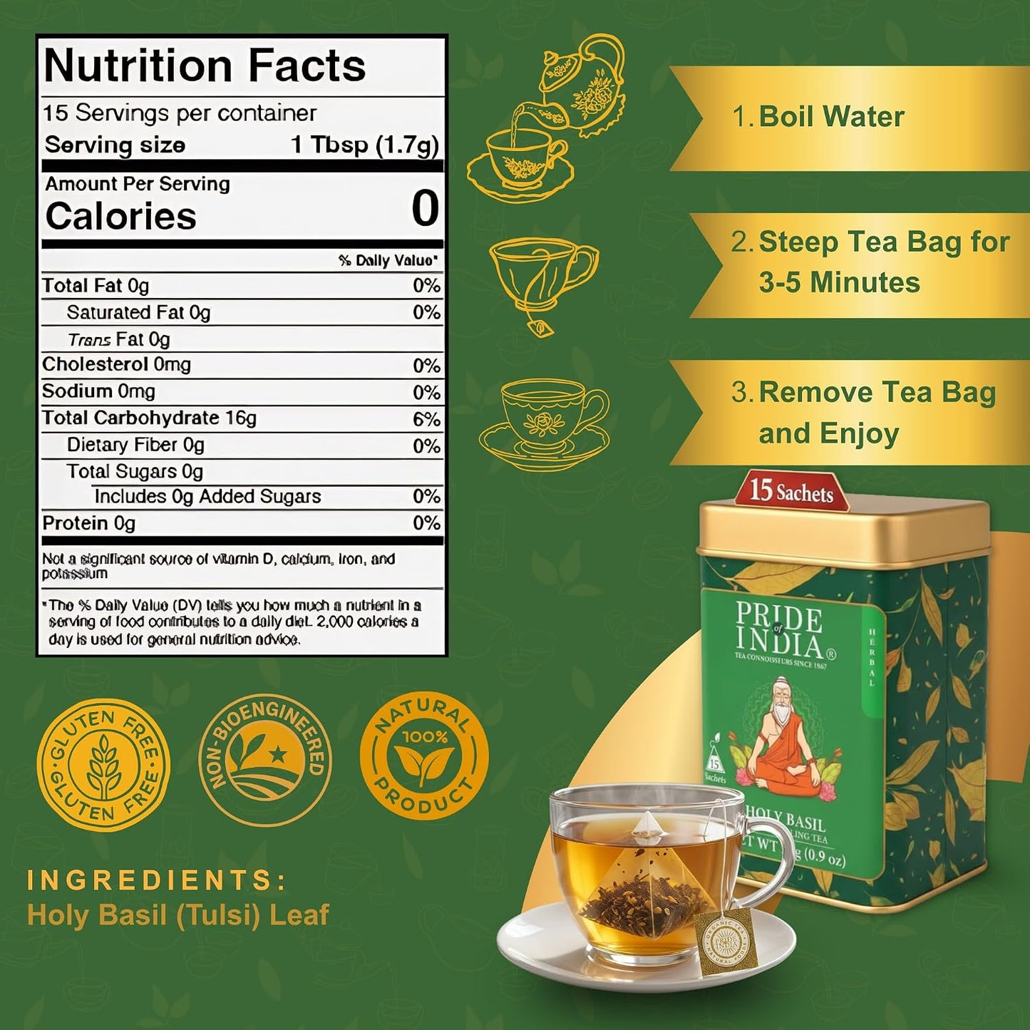 Pride of India Holy Basil Herbal Tea – 30 Pyramid Tea Bags (2 PACK) | Individually Wrapped Pure Tulsi Leaf Divine Healing Tea for Daily Calm &amp; Mindful Living | Caffeine Free