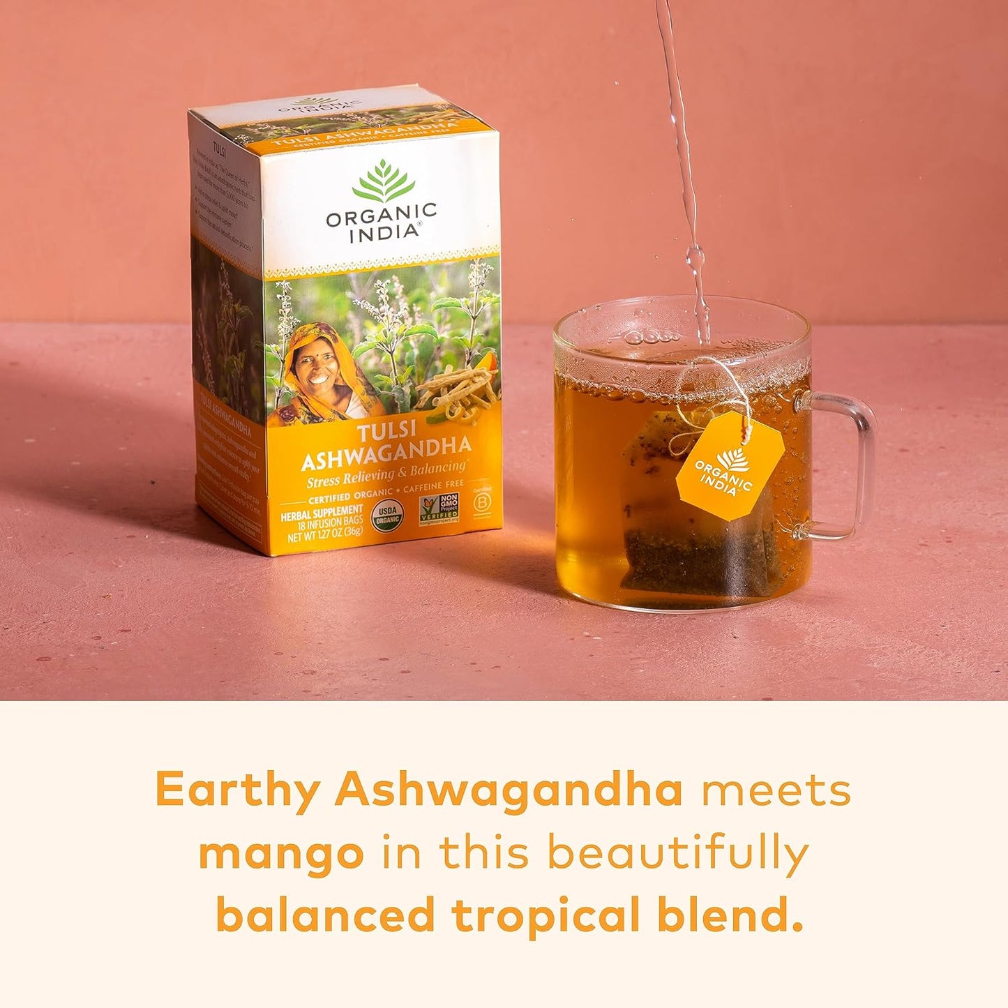 ORGANIC INDIA Calming Tulsi Ashwagandha Tea - Organic Tea Bags, Holy Basil, Vegan, USDA Certified Organic, Non-GMO, Caffeine Free - 18 Infusion Bags, 6 Pack | Organic Tea Bags, Holy Basil, Vegan, USDA Certified, Non-GMO, Caffeine Free