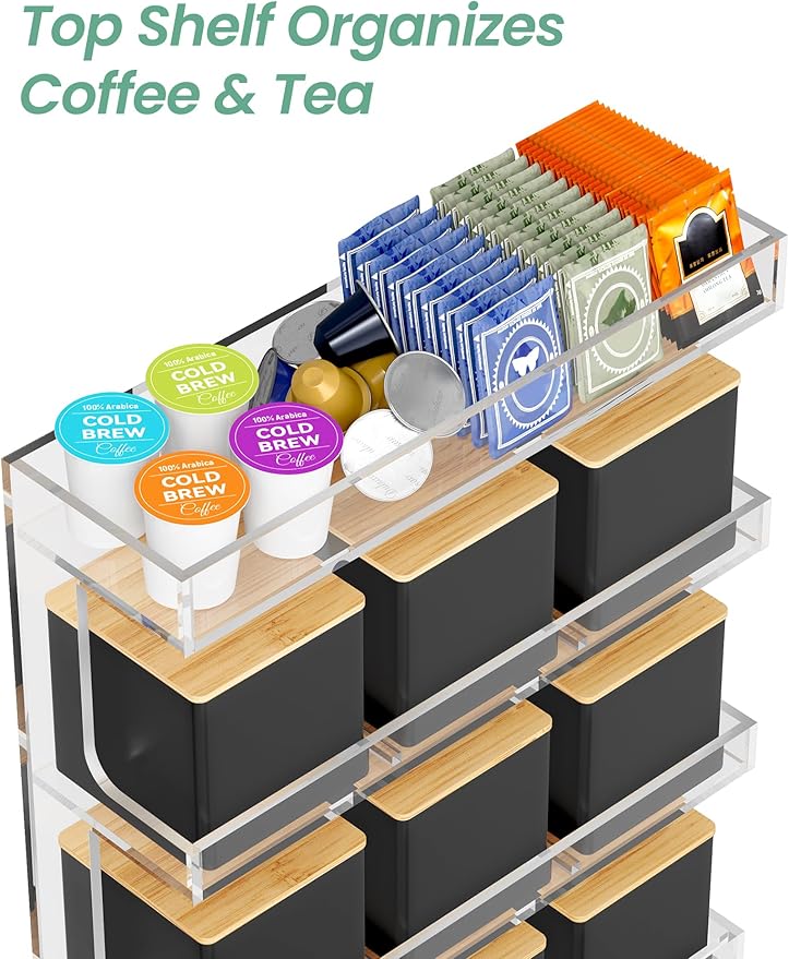 NiHome Acrylic Tea Organizer with 9 Metal Canisters and Dual Lids, Transparent Storage Rack with Top Tray for Tea Bags or Coffee Accessories, Airtight Sealed Jars for Loose Leaf Tea, Spices, or Coffee