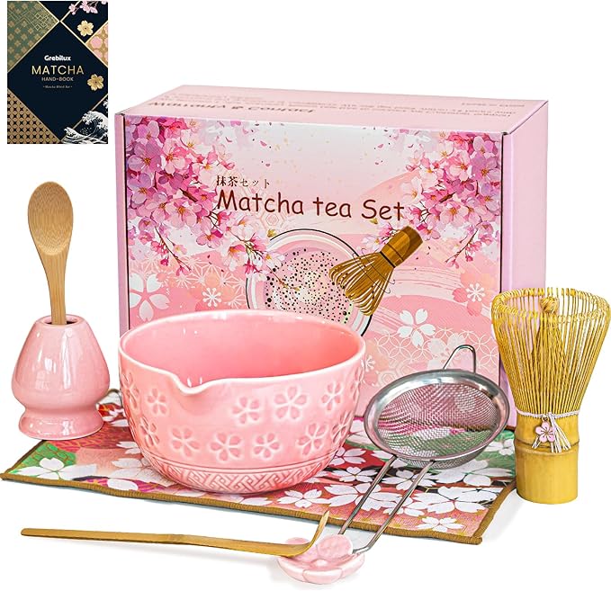 Matcha Whisk Set, Pink Matcha Kit (9 Pcs) Includes Bowl, Whisk, Holder, Scoop, Sifter, Spoon, Rest, Mat, Book