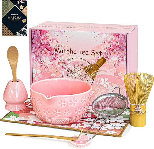 Matcha Whisk Set, Pink Matcha Kit (9 Pcs) Includes Bowl, Whisk, Holder, Scoop, Sifter, Spoon, Rest, Mat, Book