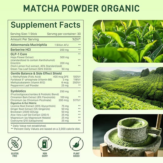 Organic Ceremonial Grade Matcha Powder：Superfood Vegan Supplement On-The-Go Green Tea Plant Based Digestive Enzymes & Energy Support with Akkermansia Probiotic Supports Radiant Skin 30 Stick Packs