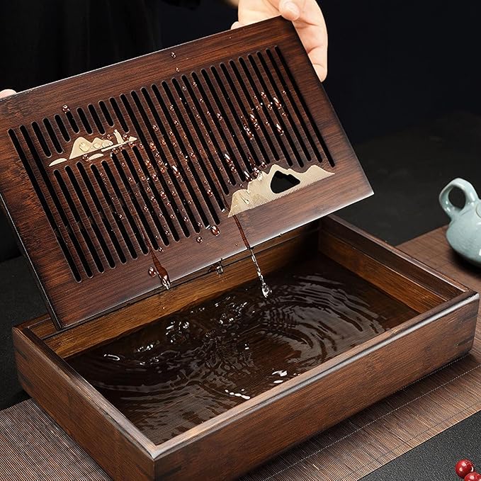 Bamboo Tea Tray Chinese Kungfu Serving Tray Gongfu Tea Table Box with Water Storage Kung Fu Tea Set Serving Tray 11.8 Inch