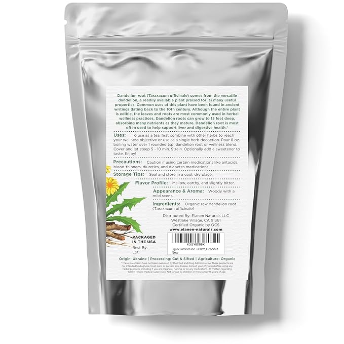 Organic Dandelion Root 4 oz. (113g), USDA Certified Organic Dandelion Root Loose Tea, Dried Dandalion Herb, Dandilion, Cut & Sifted