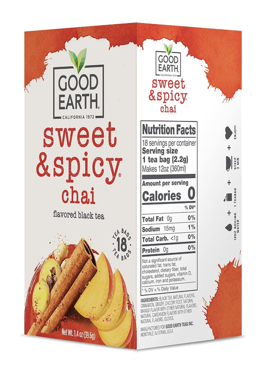 Good Earth Tea, Sweet &amp; Spicy Chai Black Tea, 18 Count, Pack of 6, Hot or Iced, Iconic Sweet &amp; Spicy with Bold Chai Spices