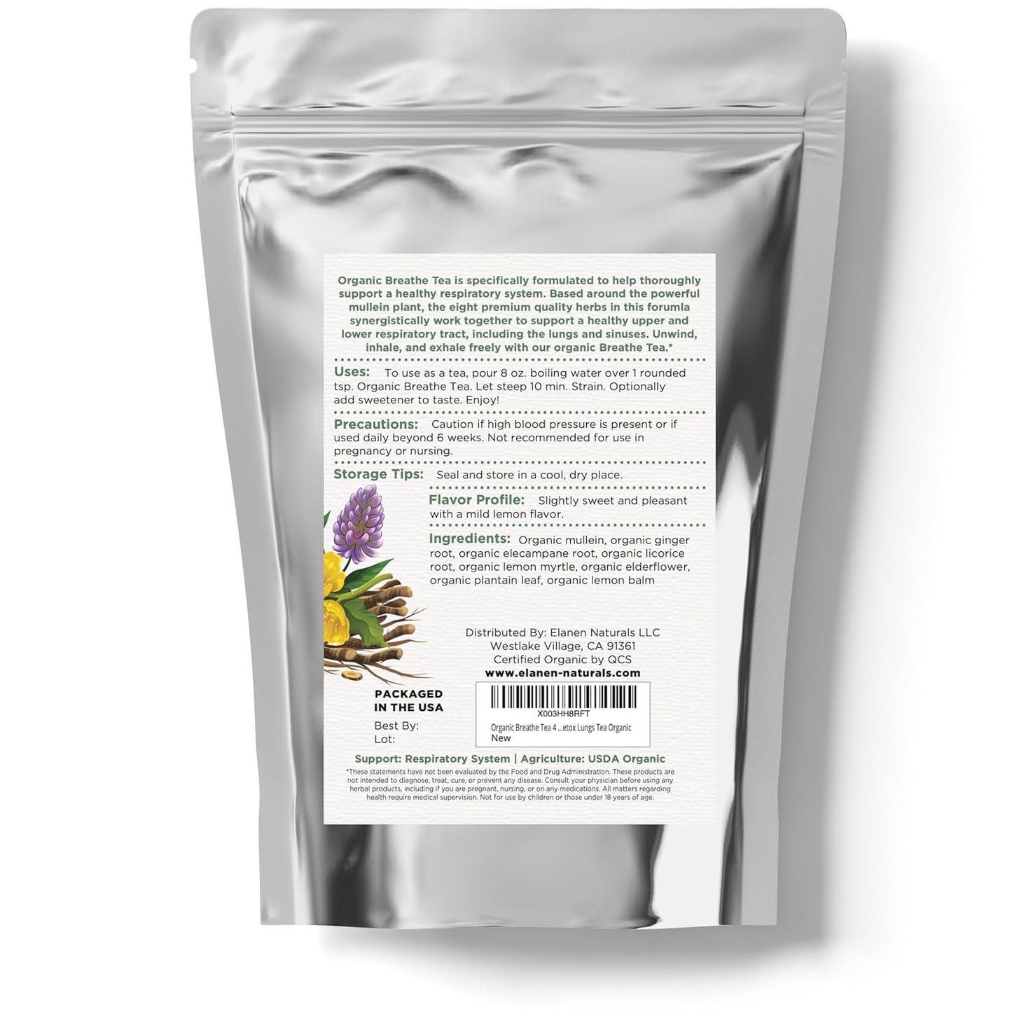 Elanen Naturals Organic Breathe Tea 4 oz. (113g), USDA Certified Organic Lung Tea for Bronchial Wellness and Smokers, Respiratory Blend, Gordo Lobo Herbs Loose Leaf, Mullein Detox Lungs, Cut & Sifted