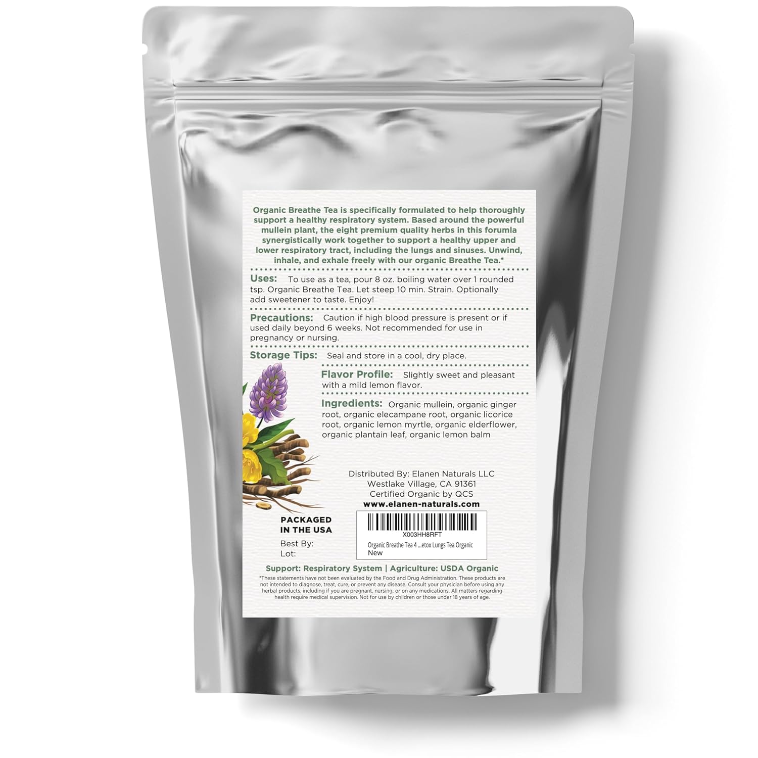 Elanen Naturals Organic Breathe Tea 4 oz. (113g), USDA Certified Organic Lung Tea for Bronchial Wellness and Smokers, Respiratory Blend, Gordo Lobo Herbs Loose Leaf, Mullein Detox Lungs, Cut & Sifted