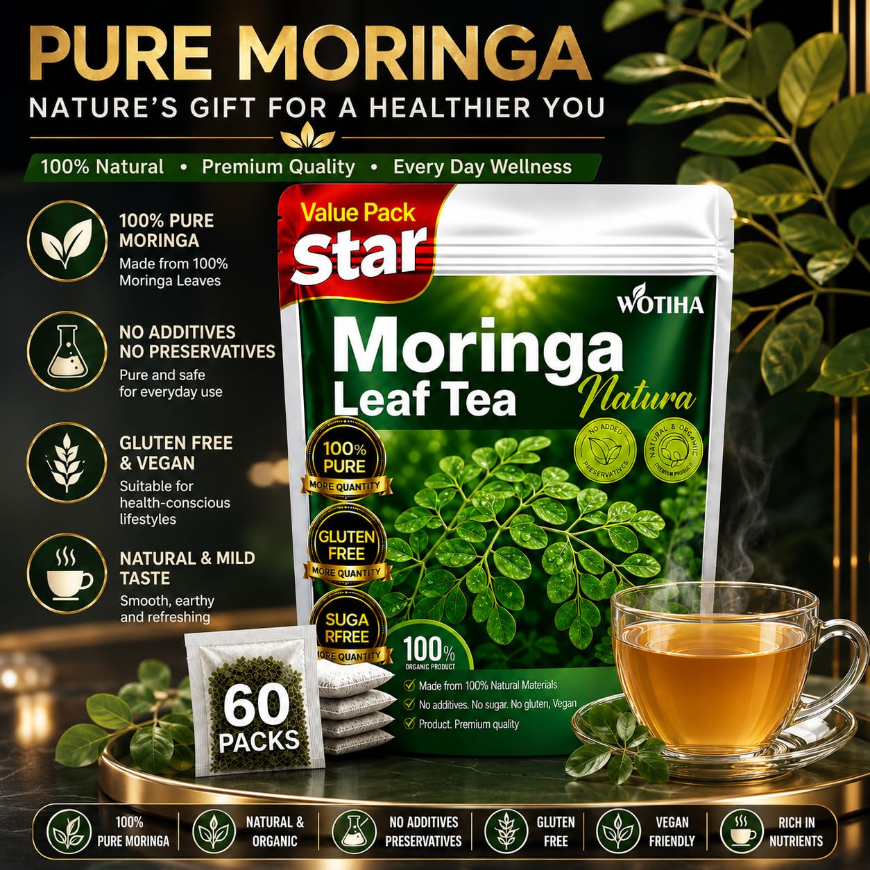 WOTIHA Moringa Tea Herbal Bags, 60 Count,100% Pure &amp; Natural Moringa Leaves, Cultivated From India-Supports Daily Wellness &amp; Digestion, Non-GMO Caffeine-Free