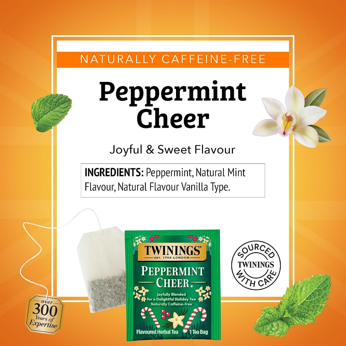 Twinings Peppermint Cheer Holiday Herbal Tea Bags, 20 CT Box (6 Pack) | Seasonal Peppermint &amp; Creamy Vanilla, Naturally Caffeine-Free, 120 Foil Lined Individually Wrapped Bags, Enjoy Hot or Iced