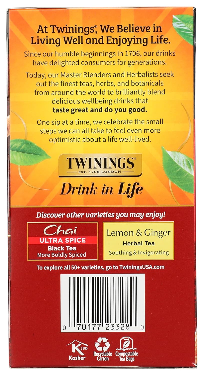 Twinings Chai Black Tea Individually Wrapped Bags, Sweet, Savoury Spices, Caffeinated, Enjoy Hot or Iced - 50 Count
