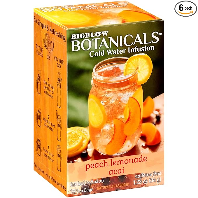 Bigelow Botanicals Cold Water Infusion Peach Lemonade with Acai, Caffeine Free Herbal Tea with Peach and Lemonade Flavor, 18 Count Box (Pack of 6)