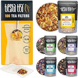 Tiesta Tea Premium Starter Loose Leaf Sampler Kit - Classic Tea Blends, High to Non Caffeinated, Hot & Iced Brews, Starter Set with Black, Green, Herbal Sample Bags and 100 Disposable Tea Filters