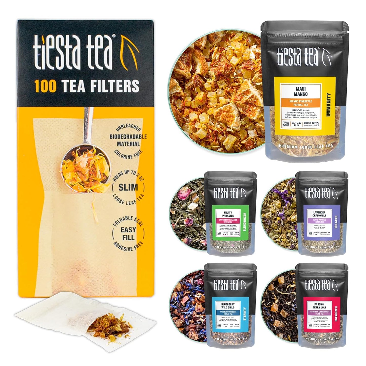 Tiesta Tea Premium Starter Loose Leaf Sampler Kit - Classic Tea Blends, High to Non Caffeinated, Hot & Iced Brews, Starter Set with Black, Green