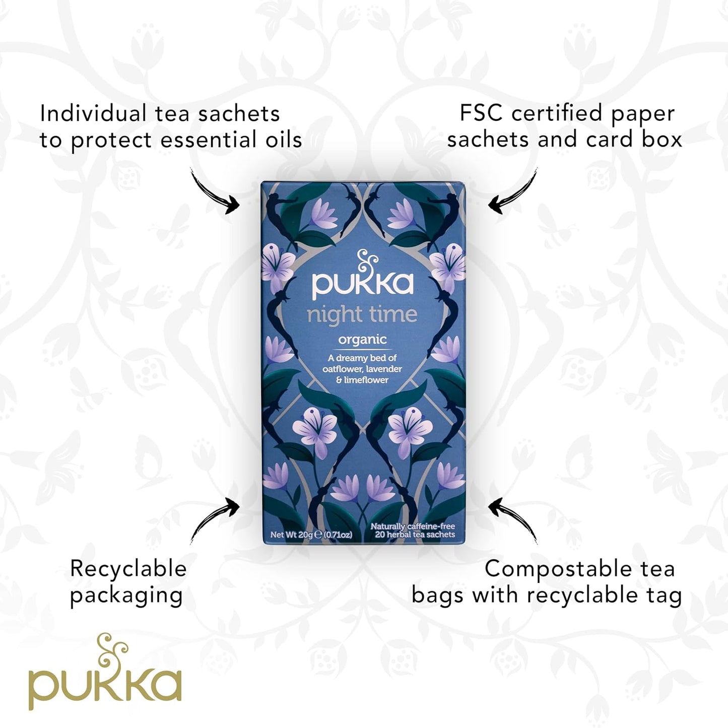 Pukka Organic Tea Bags, Night Time Herbal Tea with Chamomile, Lavendar & Valerian, Perfect for Easing into a Soothing Sleep, 20 Count (Pack of 6) 120 Tea Bags