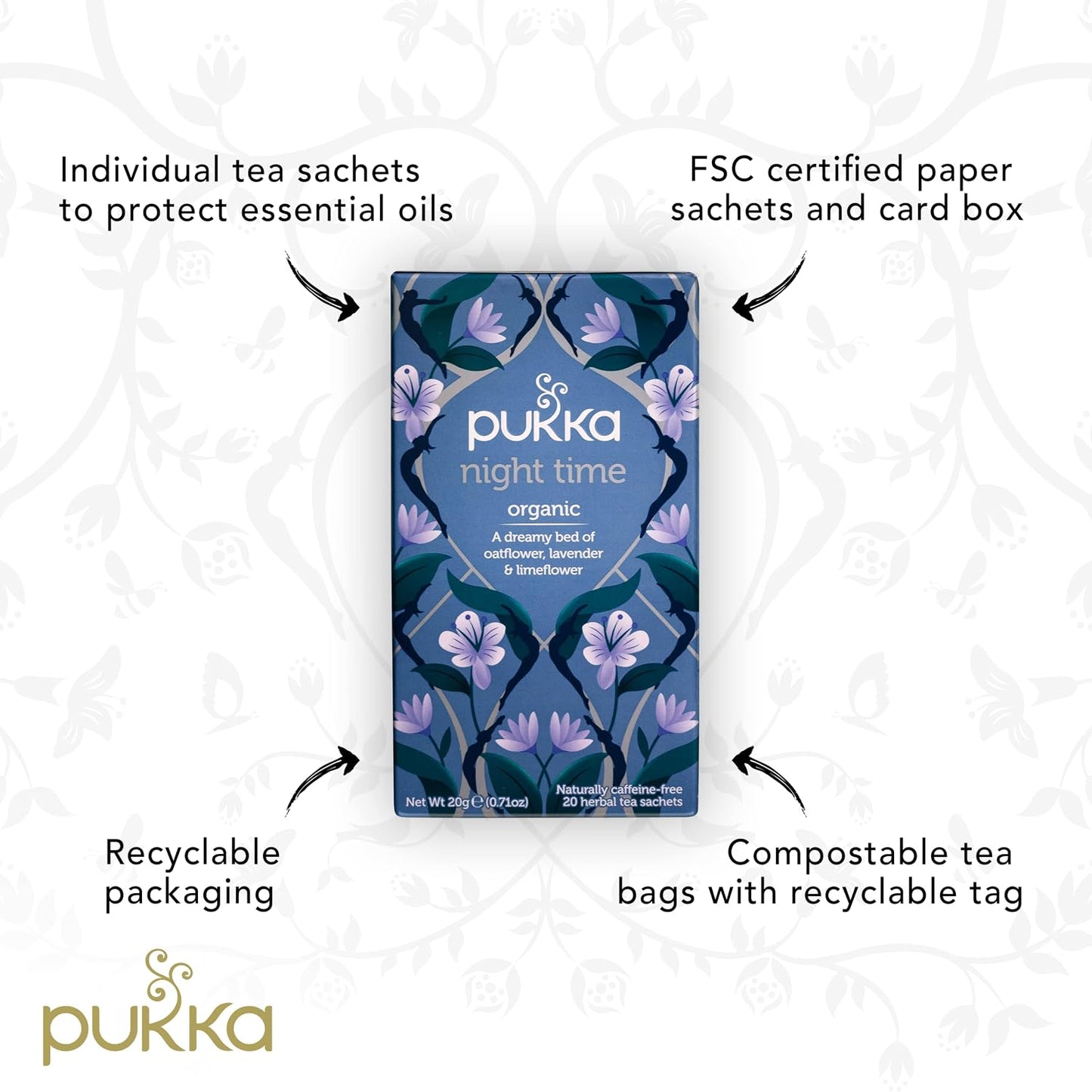 Pukka Organic Tea Bags, Night Time Herbal Tea with Chamomile, Lavendar &amp; Valerian, Perfect for Easing into a Soothing Sleep, 20 Count (Pack of 6) 120 Tea Bags