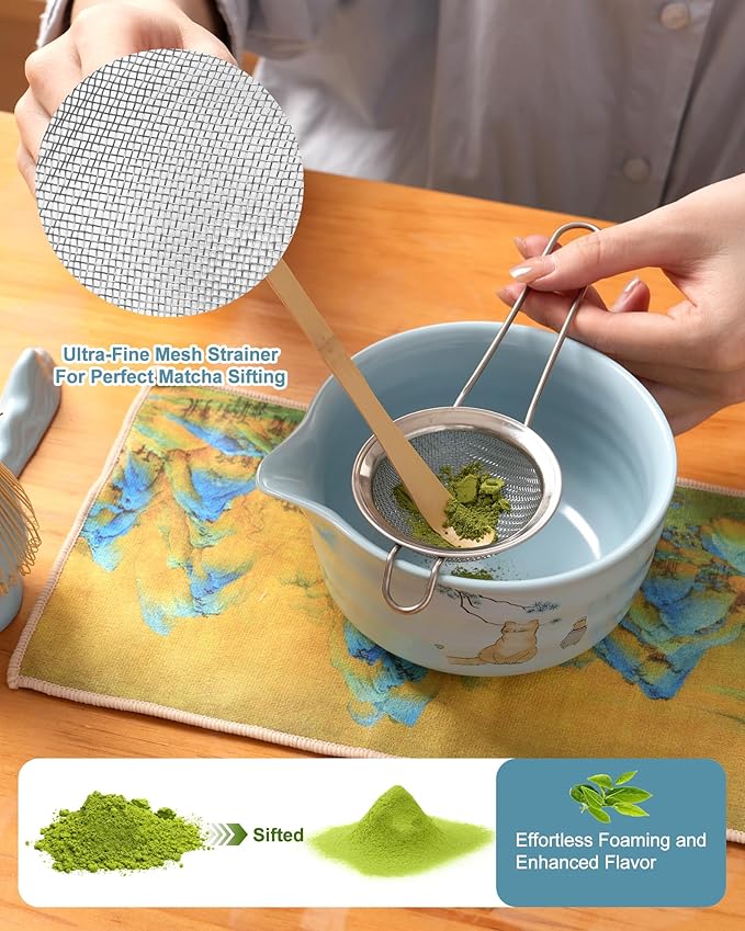 Matcha Whisk Set, Japanese Matcha Kit Set 7-Pcs with Matcha Bowl (Chawan), Matcha Whisk and Holder, Bamboo Scoop, Scoop Rest, Sifter and Tea Towel