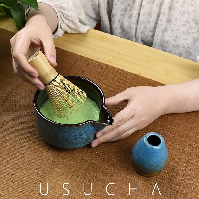Artcome 4 Pcs Complete Matcha Tea Ceremony Kit for Japanese Tea Ceremony, Bowl with Pouring Spout, Whisk, Whisk Holder, Tea Scoop