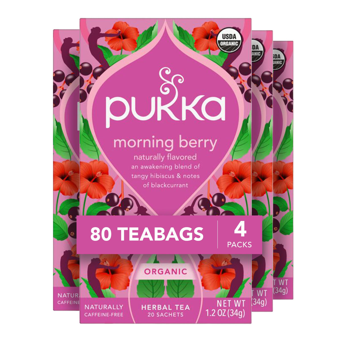 Pukka Morning Berry Organic Herbal Tea Bags, Caffeine Free Natural Energy, 80 Total Tea Bags (20ct - Pack of 4)