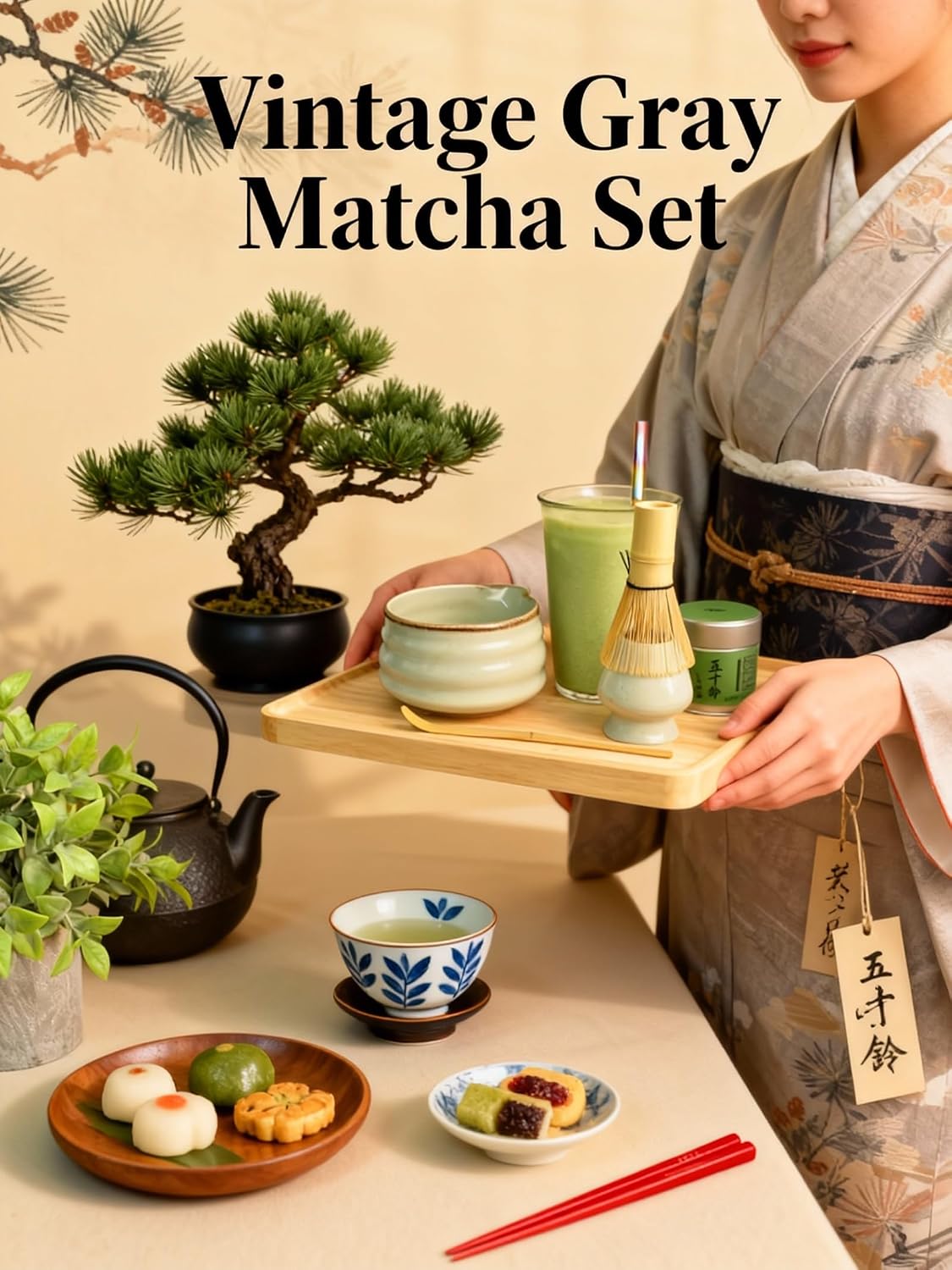 Matcha Whisk Set, Matcha Bowl and Whisk 7 pcs, Gray