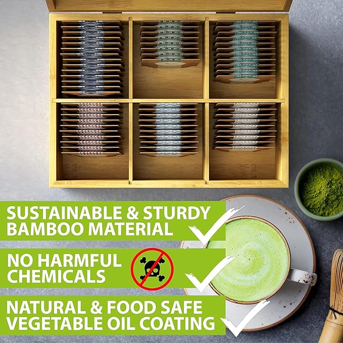 Bamboo Tea Organizer Box Chemical Free Eco-Friendly Big, Tall, Adjustable Cubbies Natural Wooden Storage Chest (Tea Time, 6-Slot 11" x 8.1" x 4.2")