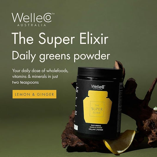 WelleCo The Super Elixir Daily Greens Powder, Probiotic Drink Mix with Whole Foods, Gluten Free, Vegan Gut Health Powder, Energy, Immunity, Healthy Skin, Hair & Nails (300g, Lemon Ginger)