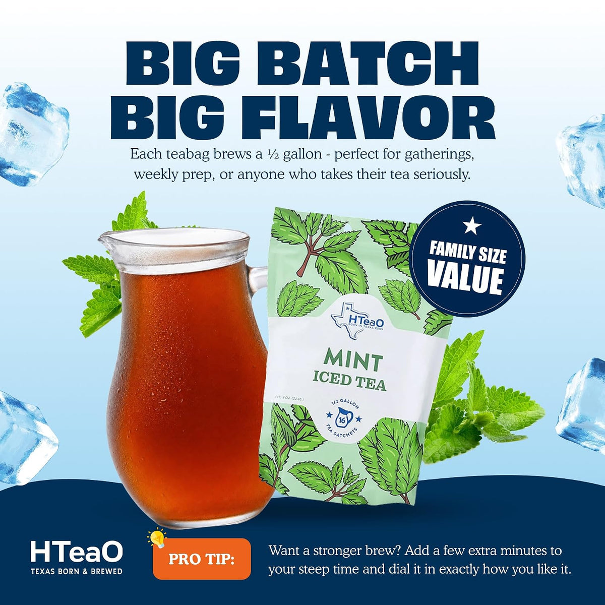 HTeaO Mint Iced Tea Bags - Makes 8 Gallons - Texas Style - Black Tea