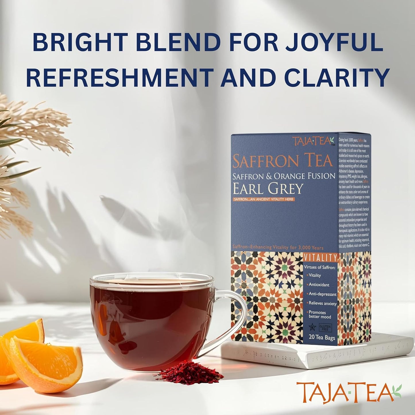 Taja Saffron Tea - Saffron & Orange Fusion Earl Grey, Emotional Wellness, Calm Focus, Antioxidant Vitality Blend, Caffeinated | Gluten Free | Kosher, 20 Tea Bags