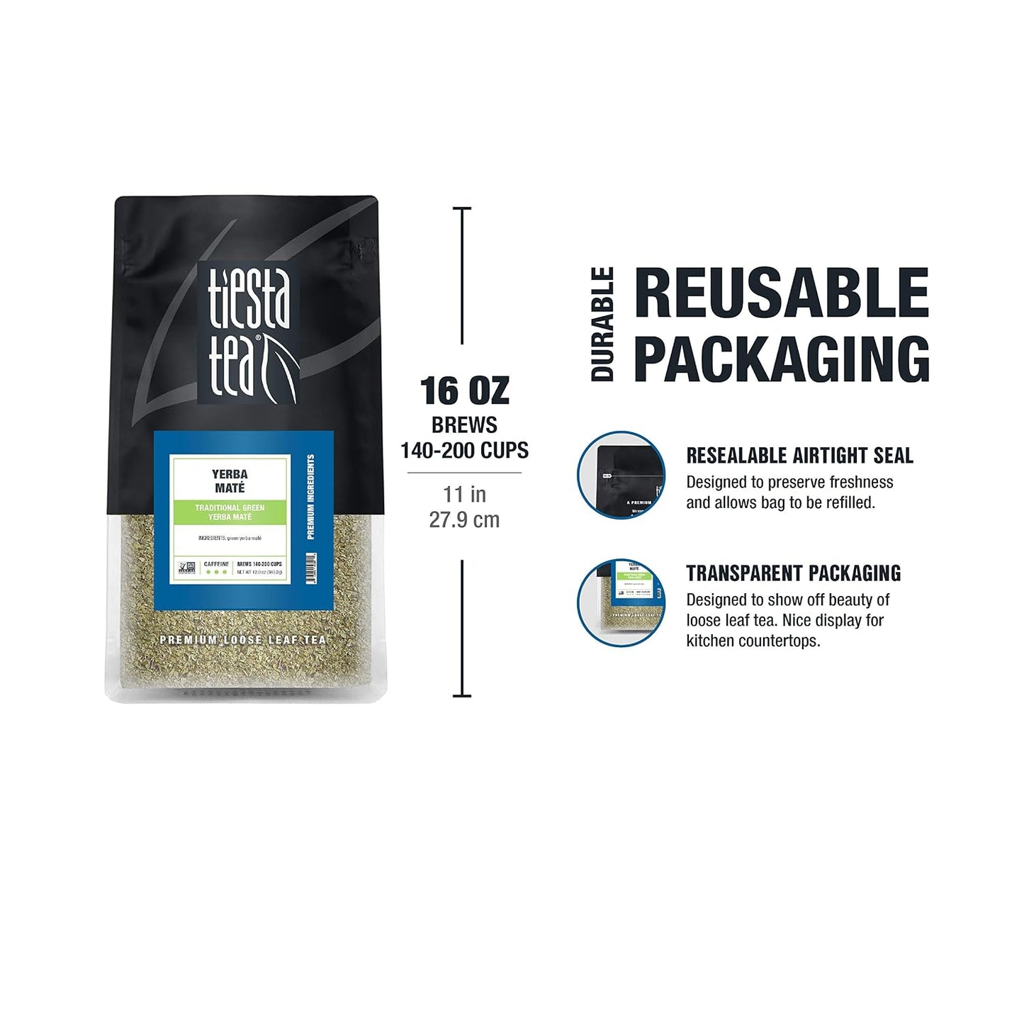 Tiesta Tea - Yerba Mate, Loose Leaf, Traditional Green Maté Tea | Premium High Caffeinated Blend, Make Hot or Iced, Brews Up to 200 Cups, Rich Flavors, 12oz Resealable Bulk Pouch