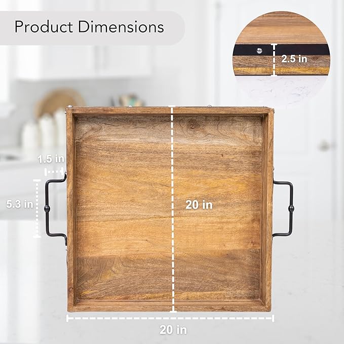 20"x20" Extra Large Square Ottoman Tray, Heavy Duty Mango Wood, for Serving Tea, Breakfast in Bed