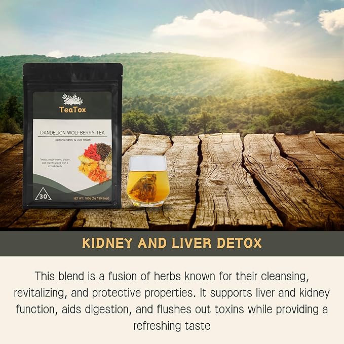 TEATOX Dandelion Wolfberry Tea, 30 Teabags(180g), 6g/bag, Kidneys & Liver Health, Seven Natural Herbal Ingredients Kidney, Organic Dandelion Root, Goji Berry Chrysanthemum