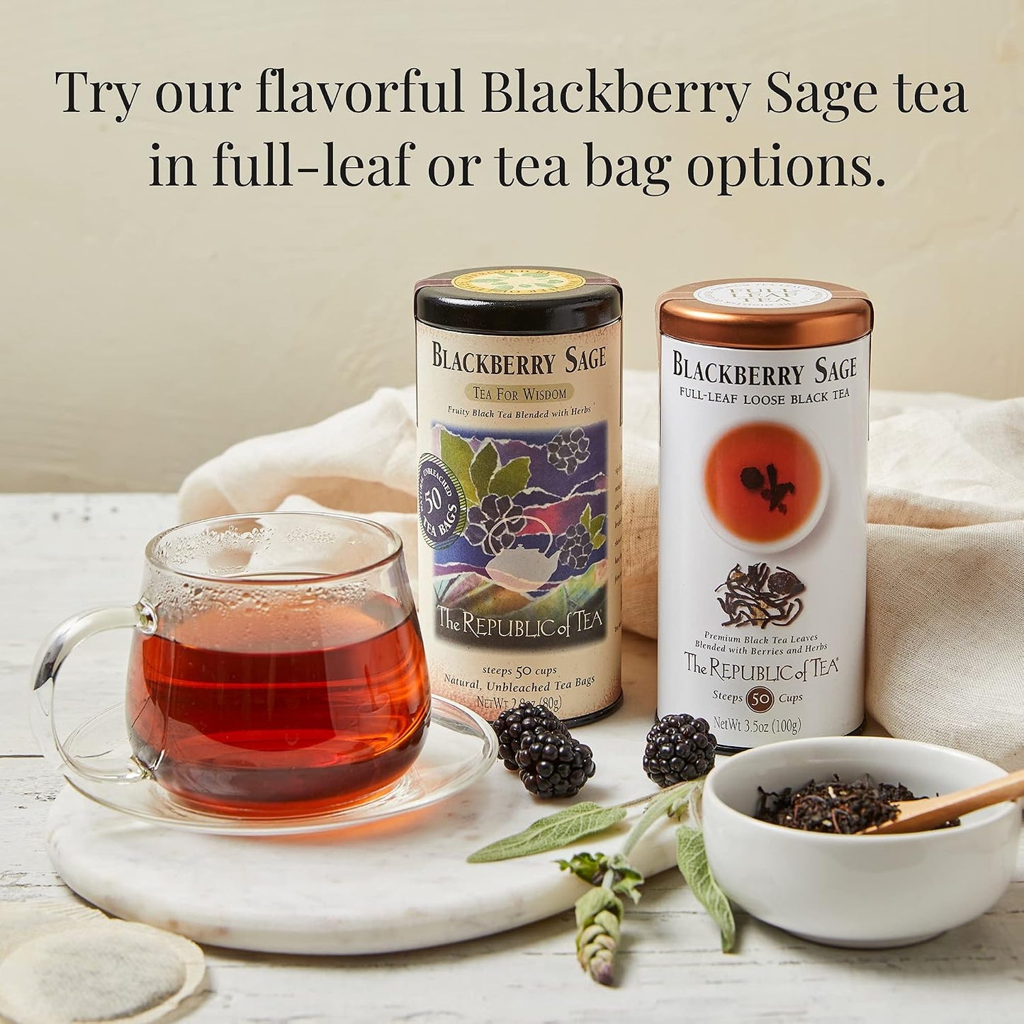 The Republic of Tea Blackberry Sage Black Tea, 50 Count | Naturally Caffeinated. Made for morning or afternoon sipping. Brisk and full-bodied. Gluten Free and Carb Free.