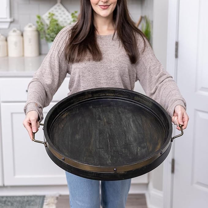 20” Large Round Ottoman Tray, Distressed Black Mango Wood, Rustic Farmhouse Style with Antique Brass Handles & Accent Strap, Large Coffee Table Tray for Tea, Breakfast in Bed, Living Room