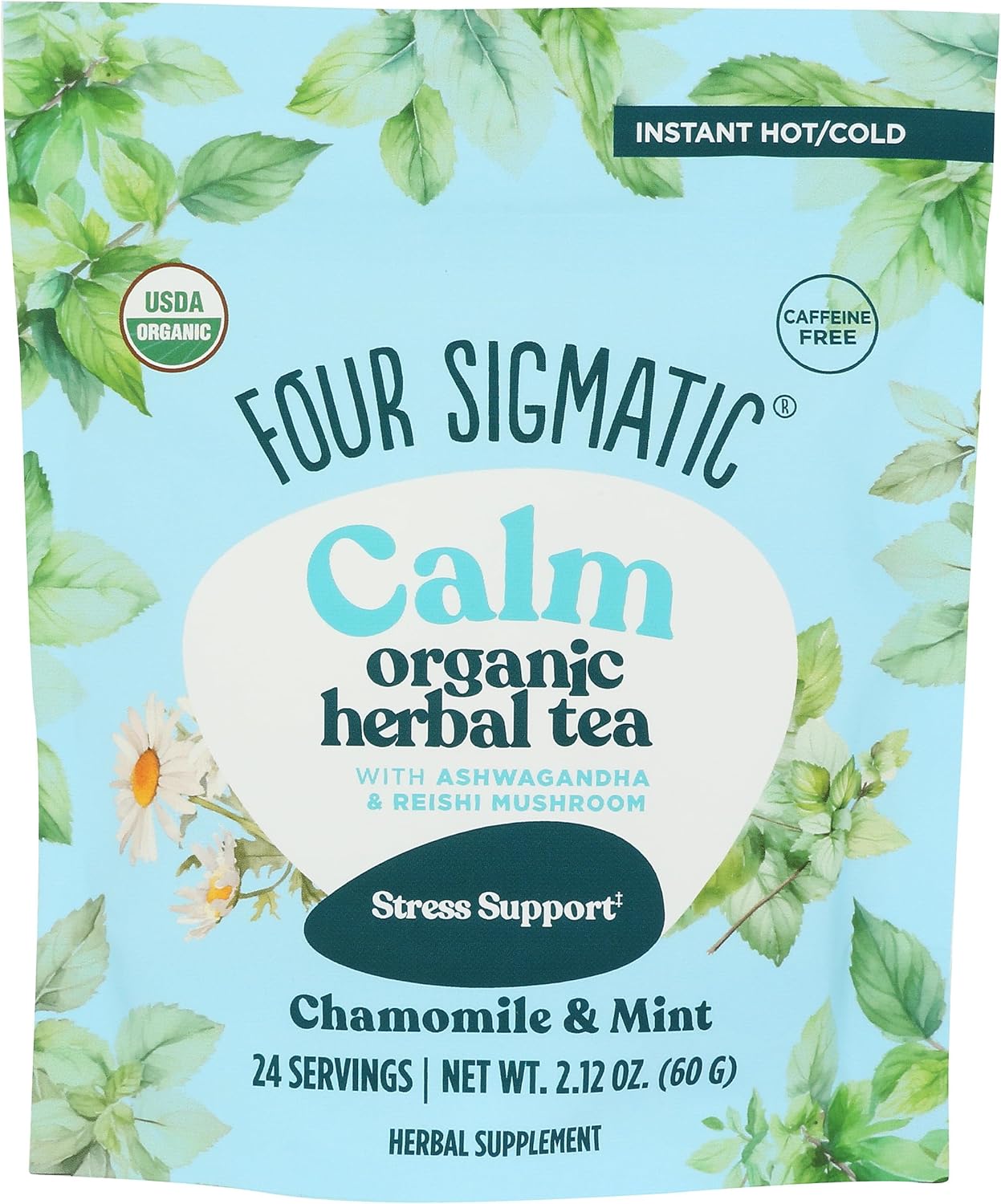 Four Sigmatic Calm Organic Herbal Tea | Stress Relief Tea with Ashwagandha & Reishi | Instant Adaptogenic Drink for Relaxation | Vegan, Gluten-Free | Chamomile & Mint, 24 Servings