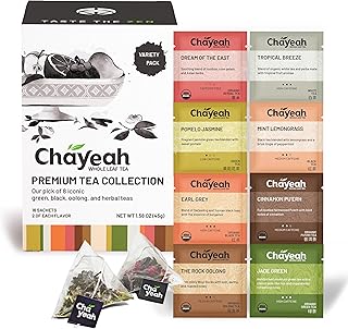 CHAYEAH, Premium Tea Collection (16 Pyramid Tea Sachets, 8 Assorted Flavors), Green, Black, Oolong, Pu’erh & Herbal Tea Sampler Variety Pack, Caffeinated and Non-Caffeinated, Whole Leaf Tea Bag